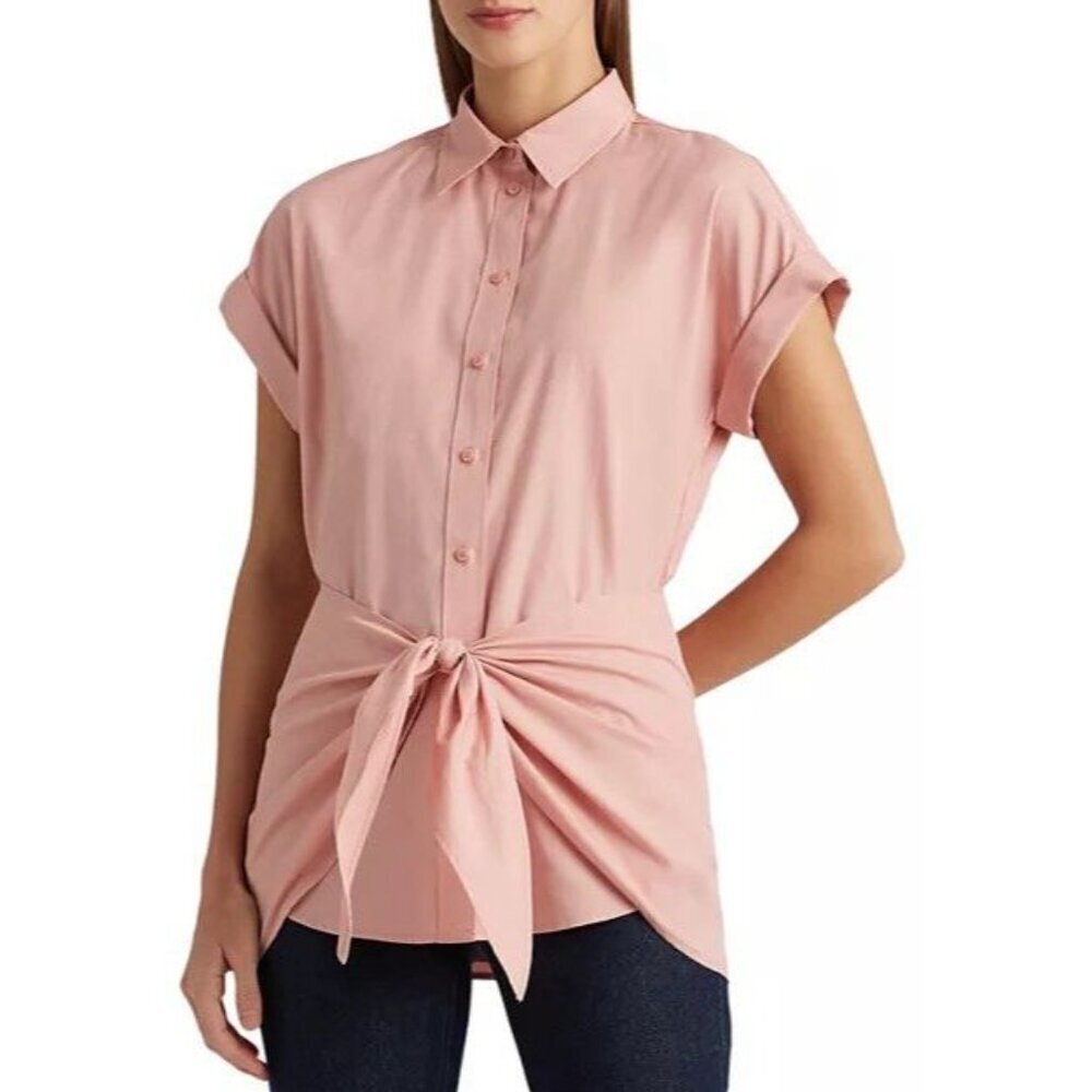 Lauren Ralph Lauren Tie Front‎ Shirt Pink Button Down Short Sleeve Petite S